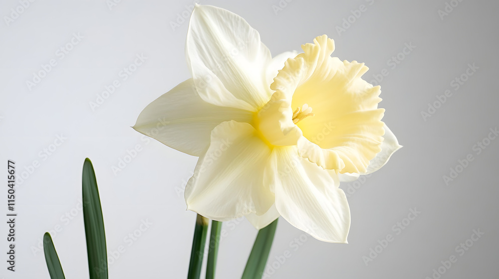 A pale yellow daffodil with a soft ruffled trumpet gently leaning in the spring breeze. A pale yellow daffodil with a soft ruffled trumpet gently leaning in the spring breeze.