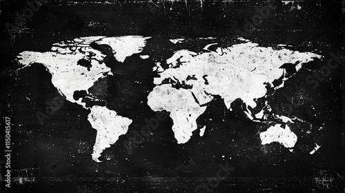 Black-white world map, stylish illustration with unique, vintage, textured details