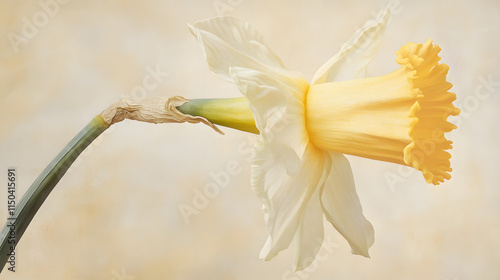 A pale yellow daffodil with a soft ruffled trumpet gently leaning in the spring breeze. photo