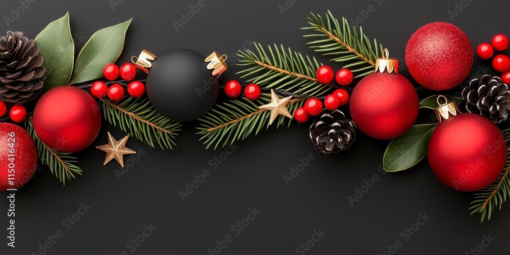 A photostock of a modern garland featuring black-and-red ornaments, glittering stars, and frosted snowflakes, set elegantly on a matte black wall. High Quality A photostock of a modern garland featuring black-and-red ornaments, glittering stars, and frosted snowflakes, set elegantly on a matte black wall. High Quality
