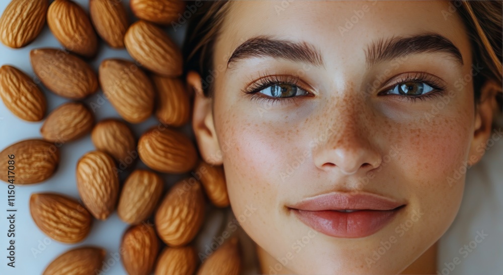 Young woman with clear skin surrounded by almonds in a natural setting, highlighting health and beauty Young woman with clear skin surrounded by almonds in a natural setting, highlighting health and beauty