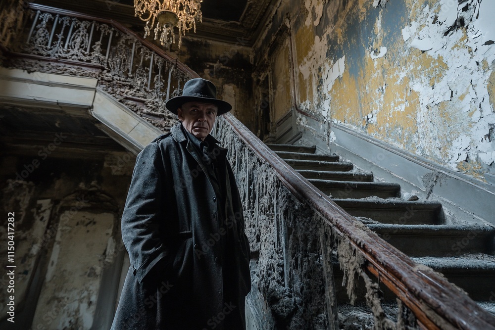 Man in fedora and coat in decaying mansion.