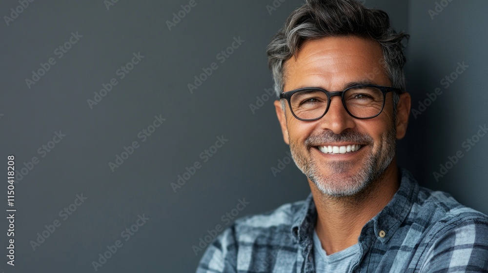 Fototapeta premium A middle-aged man with glasses smiles confidently against a gray background. His relaxed demeanor and genuine expression convey a sense of joy and welcoming nature.