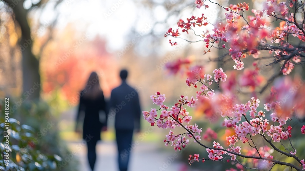 Couple Walking Hand-in-Hand Through Blooming Park in Springtime Couple Walking Hand-in-Hand Through Blooming Park in Springtime