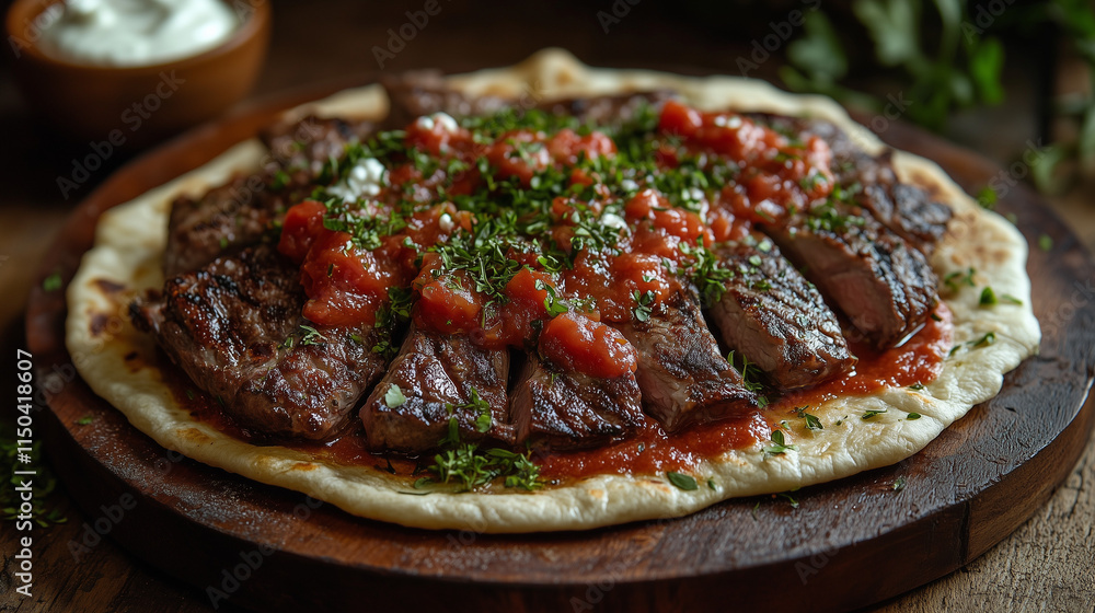 Iskender Kebab on Pita Bread with Tomato Sauce and Fresh Herbs Iskender Kebab on Pita Bread with Tomato Sauce and Fresh Herbs