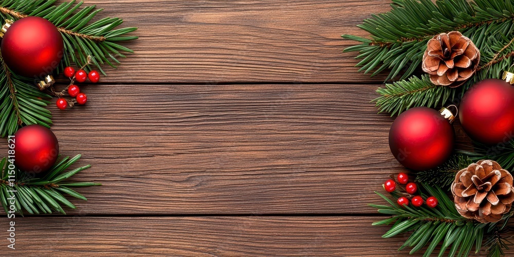 A photostock of a rustic garland featuring green foliage, red ornaments, and gold stars, glowing warmly on a dark wooden backdrop. High Quality A photostock of a rustic garland featuring green foliage, red ornaments, and gold stars, glowing warmly on a dark wooden backdrop. High Quality