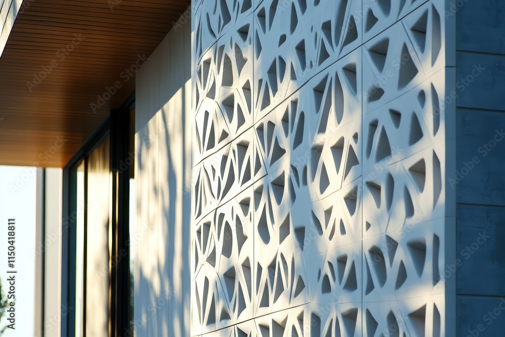 Obraz premium Contemporary home facade with a three-dimensional tessellation pattern in white ceramic tiles, featuring shadow play.