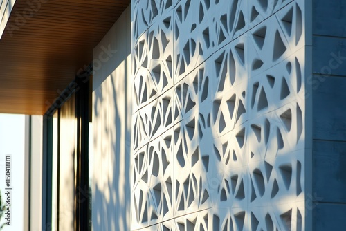 Contemporary home facade with a three-dimensional tessellation pattern in white ceramic tiles, featuring shadow play. photo