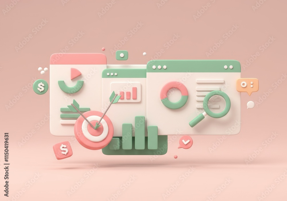 A 3D illustration of a data dashboard concept including bar charts, a target with an arrow, graphs and magnifying glass icons A 3D illustration of a data dashboard concept including bar charts, a target with an arrow, graphs and magnifying glass icons