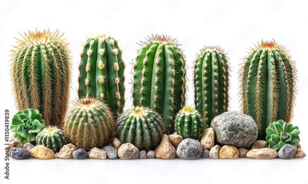 Fototapeta premium Cactus and Succulents with Rocks on White 