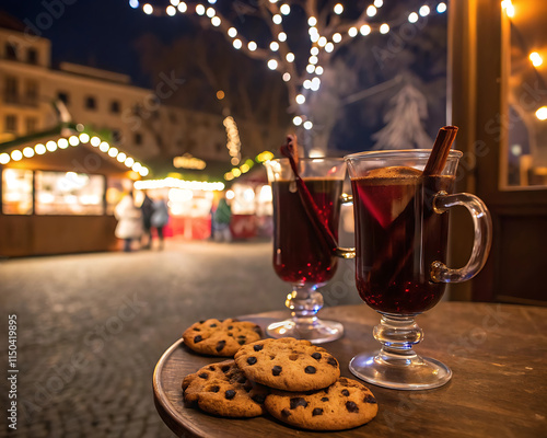 Two glasses of hot mulled spicy wine with cookies at a Christmas market illuminated at night  photo