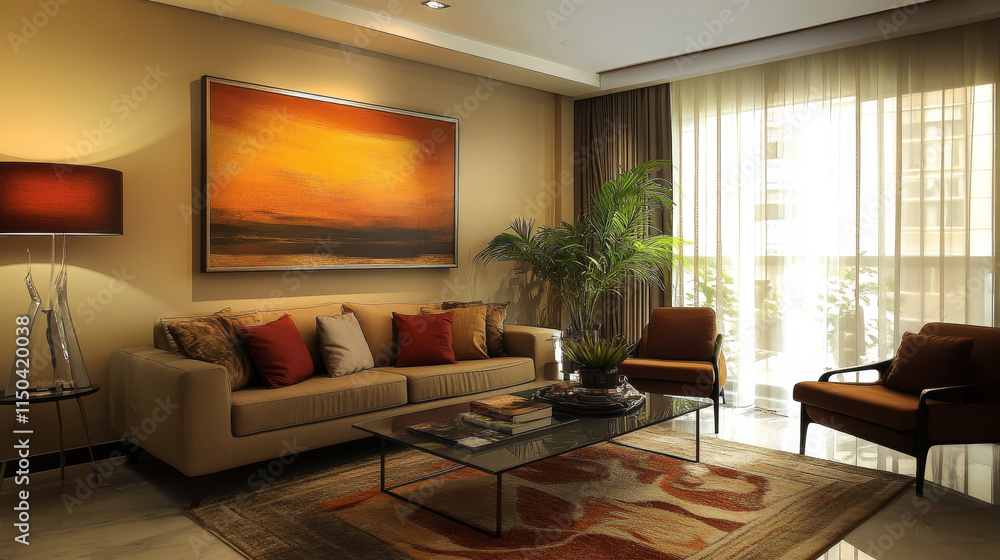 custom made wallpaper toronto digital"Earth-toned modern living room with cozy furniture and abstract wall art, exuding warmth and sophistication. Perfect for promoting stylish and inviting home interiors."