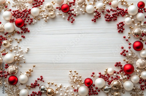 Festive holiday decoration featuring red and white ornaments on wooden background