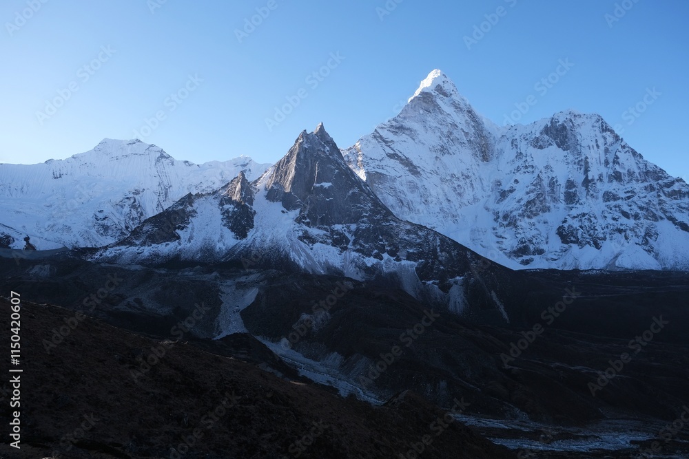 Fototapeta premium Amazing views with Ama Dablam Mount on trekking through Kongma La Pass 5535 m, from Dingboche to Lobuche. Everest Base Camp trek. Himalayas, Nepal.
