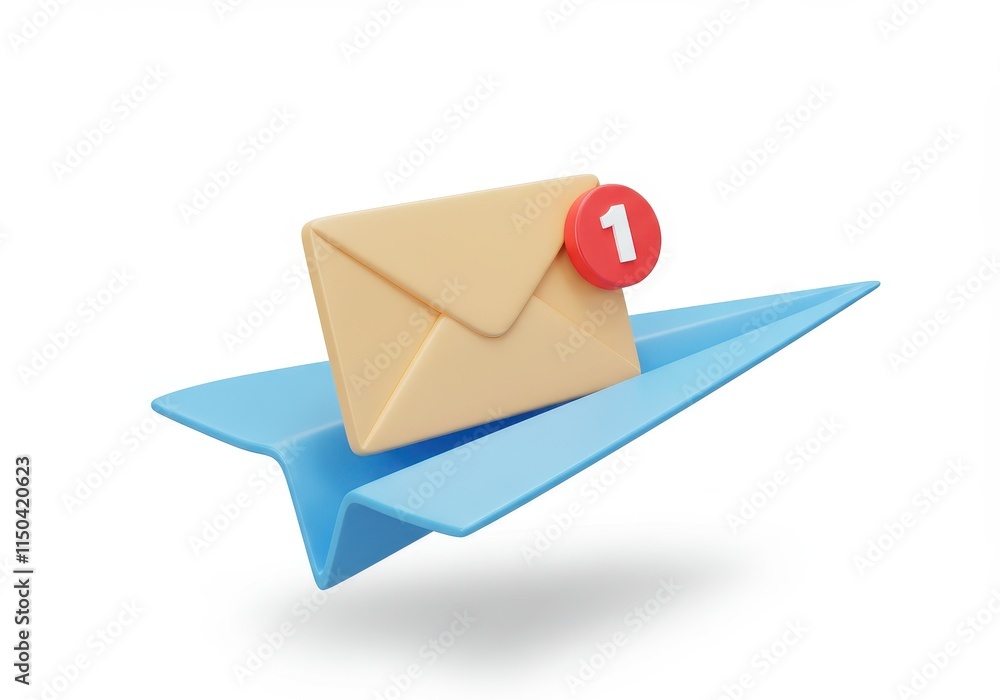 A 3D illustration of an email notification concept featuring an envelope on a blue paper plane with a red notification badge A 3D illustration of an email notification concept featuring an envelope on a blue paper plane with a red notification badge