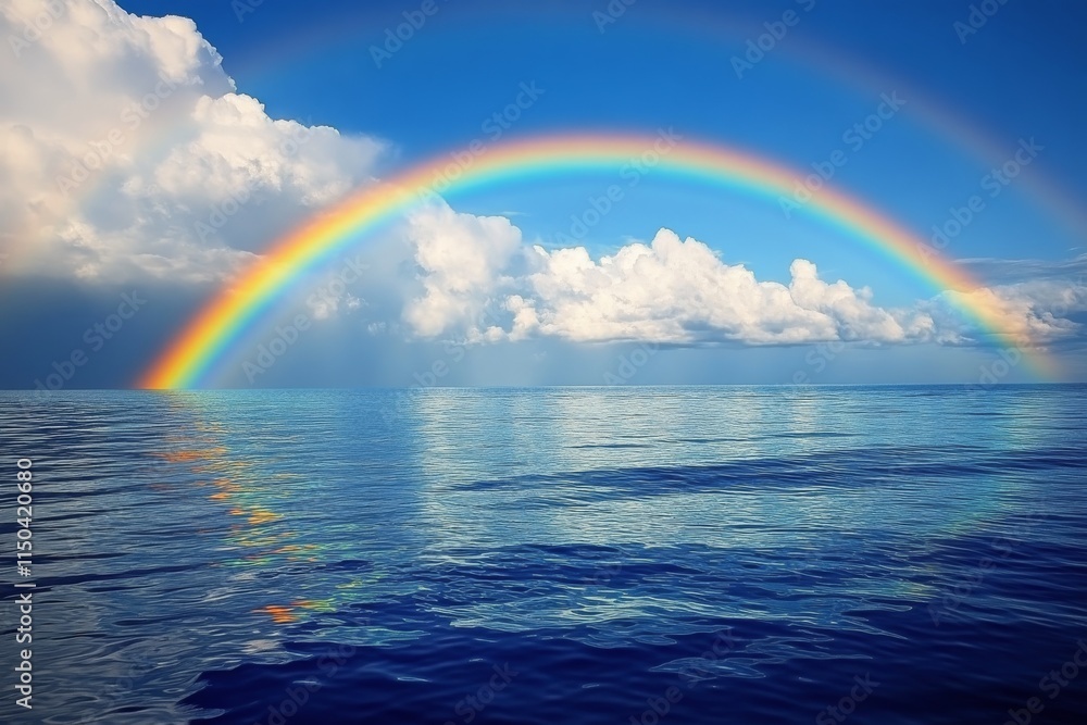 Vibrant rainbow arching over serene ocean waters beneath a clear blue sky Vibrant rainbow arching over serene ocean waters beneath a clear blue sky