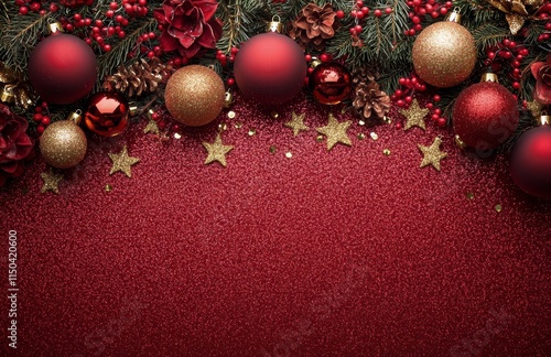 Elegant holiday decorations with red and gold ornaments on a sparkling background