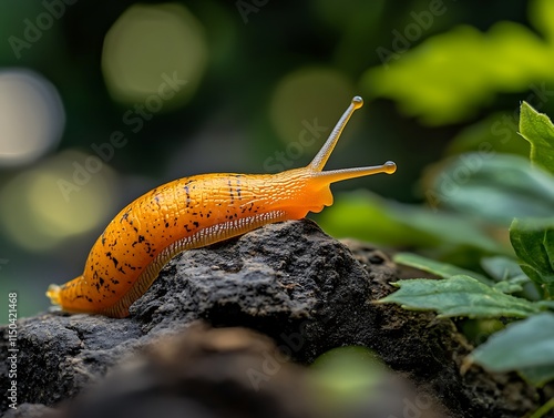 Bright Orange Banana Slug Crawling on Rock, Vibrant Nature Close-Up photo