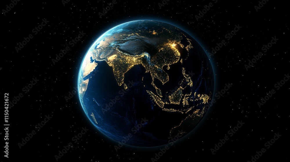 Fototapeta premium View of Earth at Night Showcasing Vibrant City Lights Across Asia and Surrounding Regions From a High-Altitude Perspective in Space