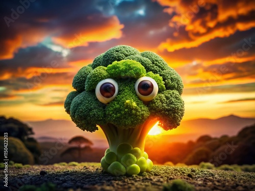 Silhouette of Playful Broccoli Creature with Large Eyes - Stock Photo photo