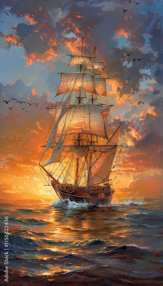Obraz premium An elegant sailing ship gliding across the ocean at sunset, capturing a serene journey
