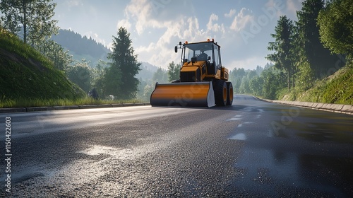 Obraz na płótnie Team of Road Workers in Safety Gear Paving the Highway w salonie