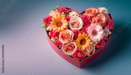 Generated image Heart shaped gift box filled with beautiful flowers annd copy space 
