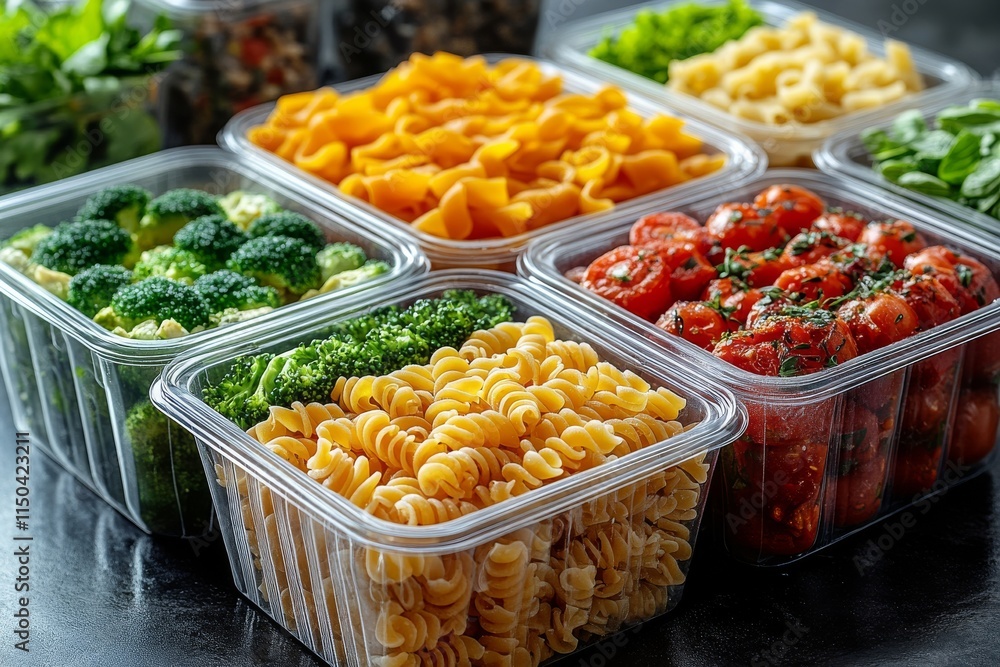 A stack of frozen food trays with clear lids, showing neatly packed meals such as pasta, vegetables, and protein, ideal for meal prep and healthy eating. Generative AI A stack of frozen food trays with clear lids, showing neatly packed meals such as pasta, vegetables, and protein, ideal for meal prep and healthy eating. Generative AI