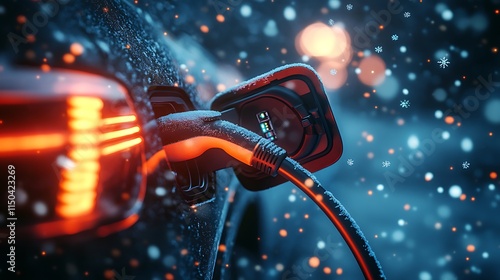 A close-up of a glowing electric car charging port with snowflakes gently landing on the cable and car surface.