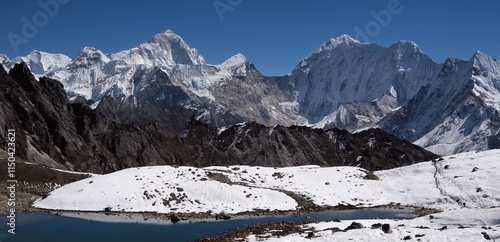 Stunning panorama around Kongma La Pass 5535 m with Makalu, Baruntse and Chhukhung Glacier, trekking from Dingboche to Lobuche through the pass. Everest Base Camp trek. Himalayas, Nepal photo