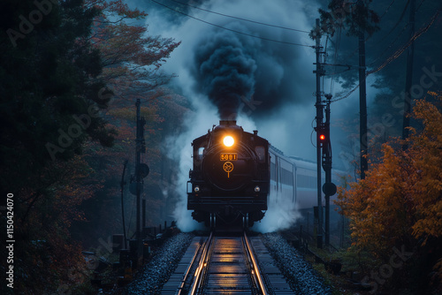 A train rides on the tracks in the fall forest at night. Vintage steam locomotive rushing along a picturesque railroad.