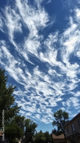 Majestic wispy clouds dance across a deep blue sky in a serene afternoon atmosphere