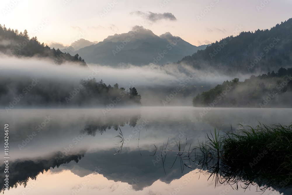 Fototapeta premium Serene Mountain Lake with Mist and Reflections Creating an Ethereal Atmosphere.