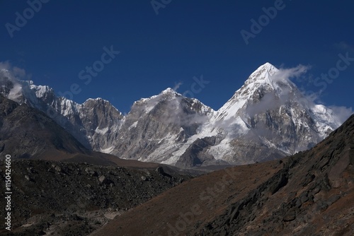 Panorama from Kongma La Pass  5535 m with Pumori Mount and Kala Patthar viewpoint around Gorak Shep. Everest Base Camp, Himalayas, Sagarmatha National Park, Nepal  photo