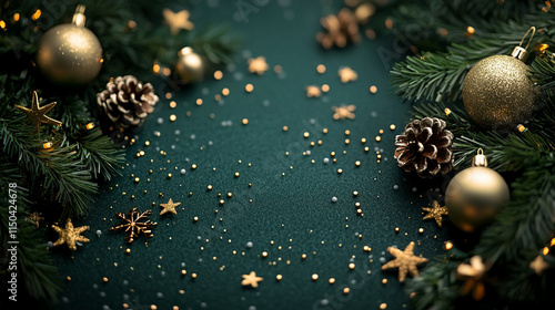 A colorful greeting card with vibrant green pine branches, red berries, and ornaments surrounding the message 'Merry Christmas and Happy New Year,' perfect for spreading joyful, cheerful holiday spiri photo