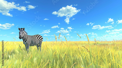 A zebra grazing in a vast grassland with blue skies above