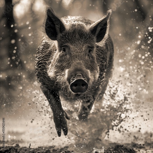 An adult wild boar runs at high speed towards the camera. photo