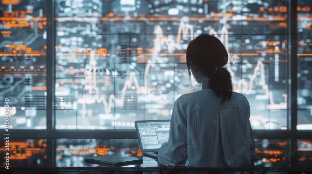 Girl in front of a big screen, database analyst.Data analytics automated with AI technology. Big data, business analytics and artificial intelligence automation. Girl in front of a big screen, database analyst.Data analytics automated with AI technology. Big data, business analytics and artificial intelligence automation.