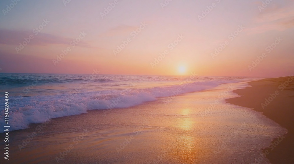 Soft pastel sunset over ocean waves on sandy beach. Soft pastel sunset over ocean waves on sandy beach.