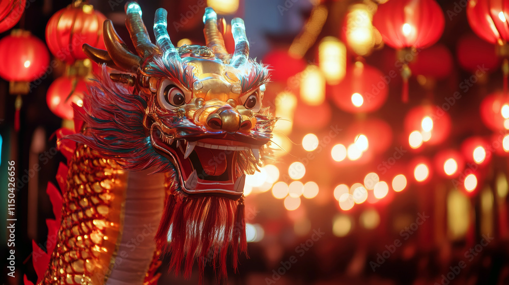 Naklejka premium Chinese dragon during a Lunar New Year parade. Backdrop of festive streets