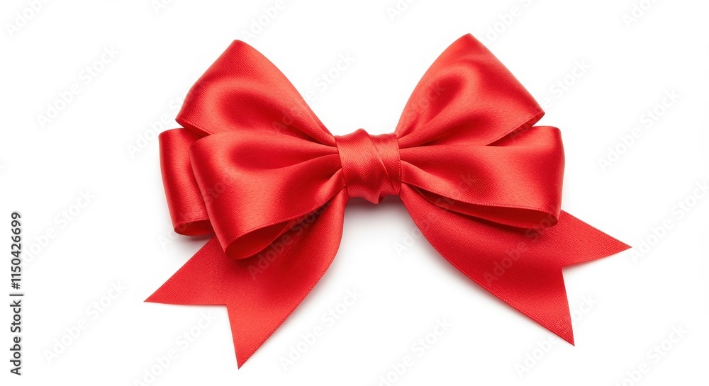 A bright red satin bow with intricate folds and a polished texture isolated on a white background A bright red satin bow with intricate folds and a polished texture isolated on a white background