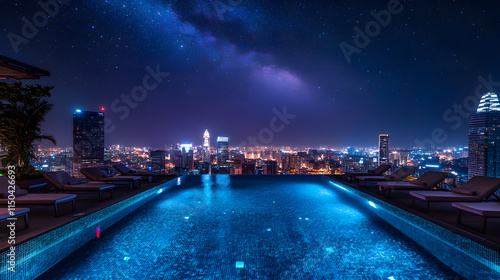 A rooftop infinity pool surrounded by lounge chairs overlooking a glittering cityscape under a starry sky. photo