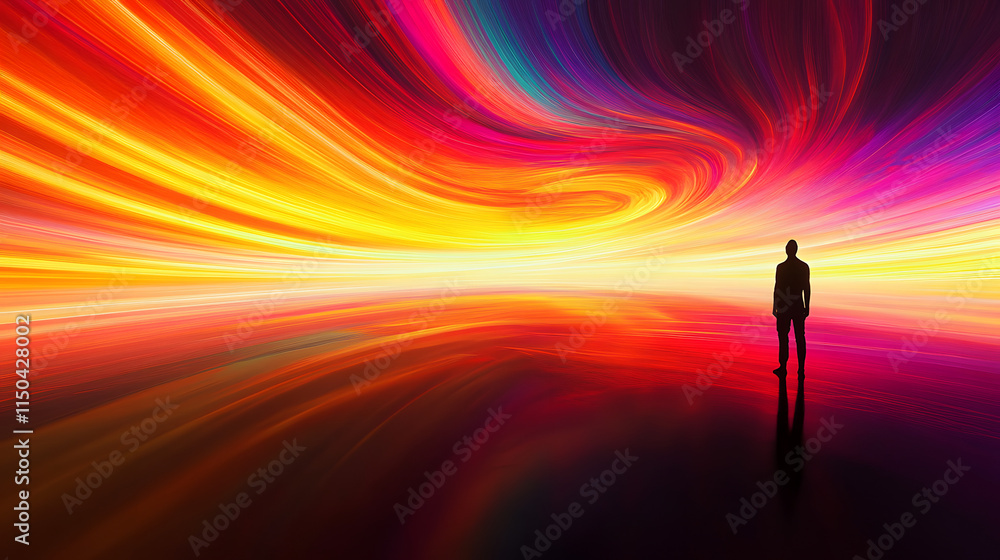 A figure standing on the edge of an infinite expanse filled with glowing colors and radiant light waves. A figure standing on the edge of an infinite expanse filled with glowing colors and radiant light waves.