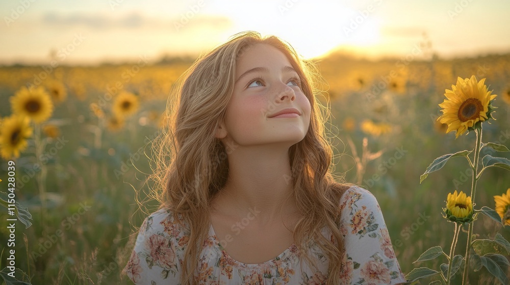Naklejka premium A teenage girl in a floral dress sits peacefully among blooming sunflowers, gazing up at the expansive sky during a beautiful sunset. She embraces the tranquility of nature.