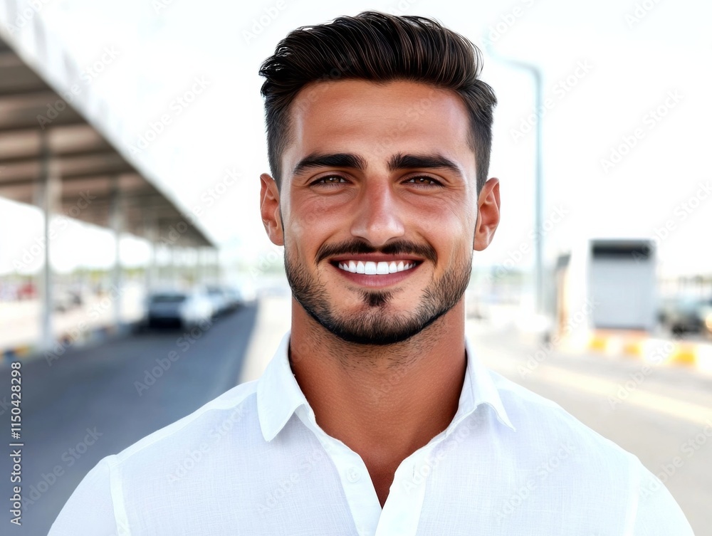 Handsome man smiling with clean teeth for dental ad. Stylish, fresh hair and beard, isolated on white Handsome man smiling with clean teeth for dental ad. Stylish, fresh hair and beard, isolated on white