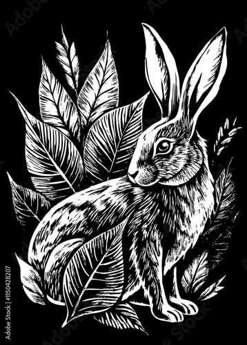 Vintage Linocut Easter Rabbit Vector: Perfect Bunny Illustration for Prints, Postcards, and Creative Designs.