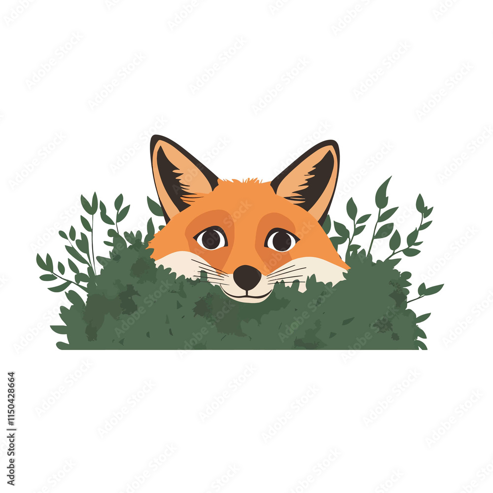 Obraz premium flat A curious fox peeking out from behind a bush. vector