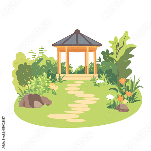  minimal flat A tranquil garden with a stone path leading to a gazebo. flat vector