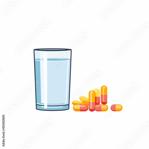  minimal flat A set of health supplements beside a water glass. flat vector