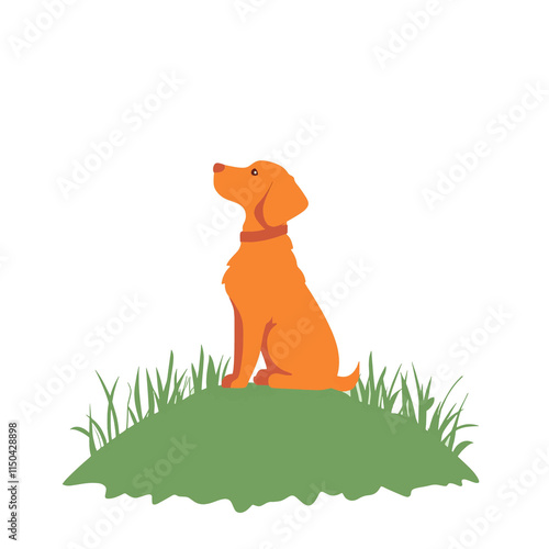  simple vector of A serene image of a dog sitting on a grassy hilltop.